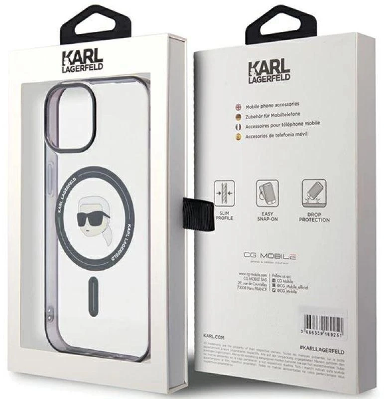 Karl Lagerfeld KLHMP15SHKHNOTK Apple iPhone 15/ 14 / 13 6.1″ skaidrus kietas dėklas IML Karl`s Head MagSafe