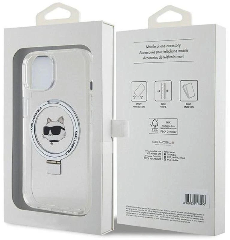 Karl Lagerfeld dėklas, skirtas iPhone 15 6,1 KLHMP15SHMRSCHH baltos spalvos HC Magsafe Ringstand CH
