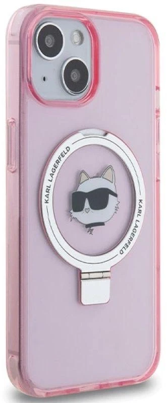 Karl Lagerfeld KLHMP15SHMRSCHP Apple iPhone 15/ 14 / 13 6.1″ rožinės spalvos kietas dėklas Ring Stand Choupette Head