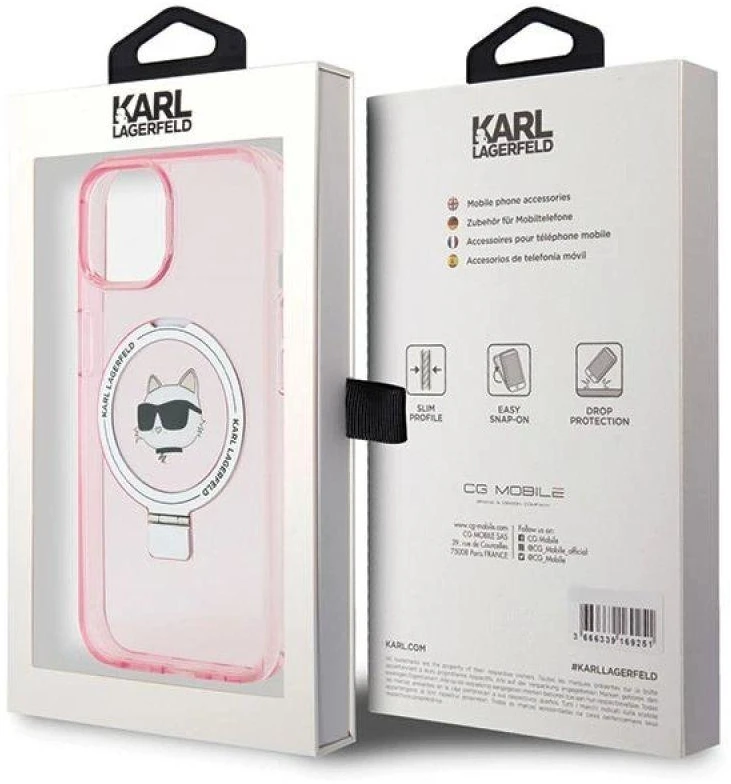 Karl Lagerfeld KLHMP15SHMRSCHP Apple iPhone 15/ 14 / 13 6.1″ rožinės spalvos kietas dėklas Ring Stand Choupette Head