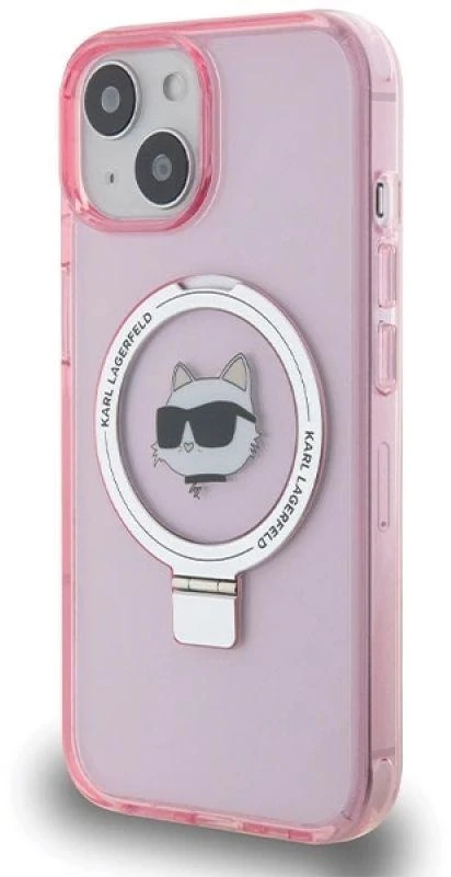 Karl Lagerfeld KLHMP15SHMRSCHP Apple iPhone 15/ 14 / 13 6.1″ rožinės spalvos kietas dėklas Ring Stand Choupette Head