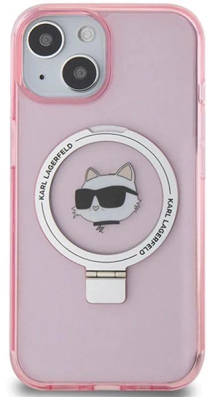 Karl Lagerfeld KLHMP15SHMRSCHP Apple iPhone 15/ 14 / 13 6.1″ rožinės spalvos kietas dėklas Ring Stand Choupette Head