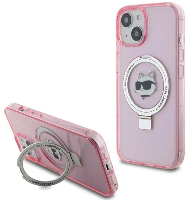Karl Lagerfeld KLHMP15SHMRSCHP Apple iPhone 15/ 14 / 13 6.1″ rožinės spalvos kietas dėklas Ring Stand Choupette Head