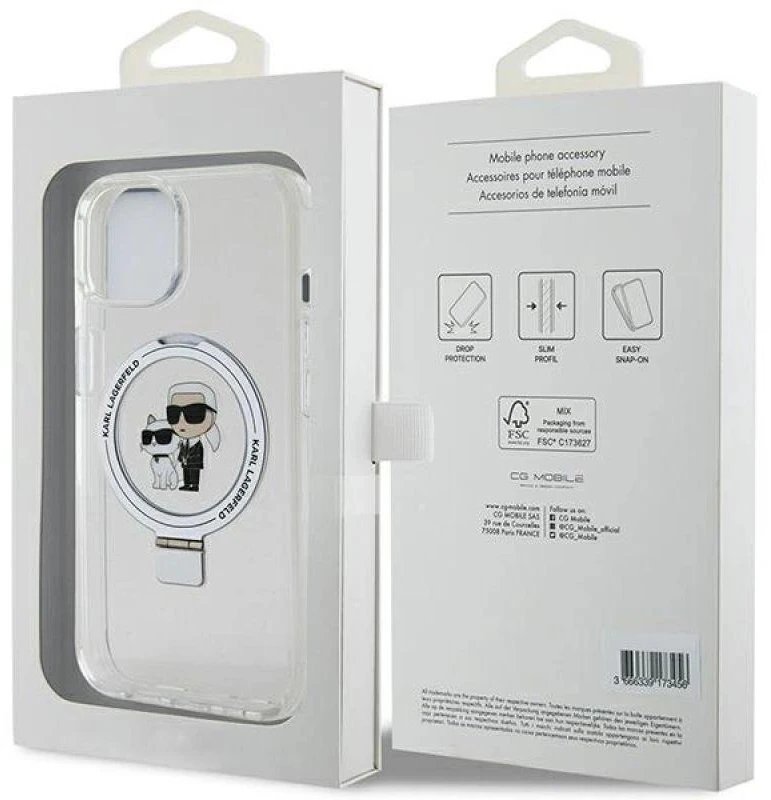 Karl Lagerfeld KLHMP15SHMRSKCH Apple iPhone 15/ 14 / 13 6.1″ baltos spalvos kietas dėklas Ring Stand Karl&Choupett