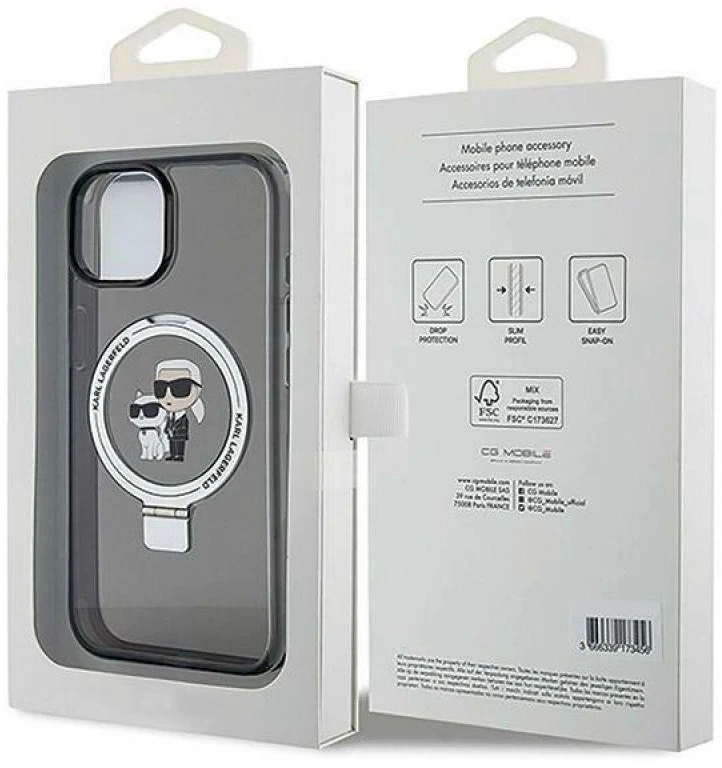 Karl Lagerfeld KLHMP15SHMRSKCK Apple iPhone 15/ 14 / 13 6.1″ juodos spalvos kietas dėklas Ring Stand Karl&Choupet