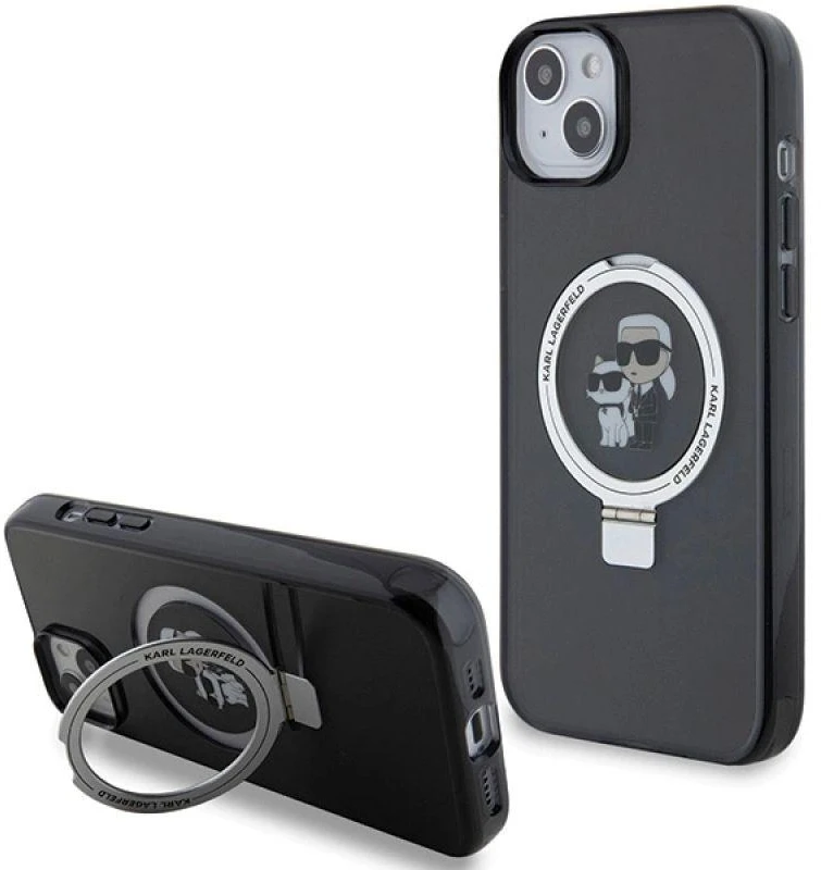 Karl Lagerfeld KLHMP15SHMRSKCK Apple iPhone 15/ 14 / 13 6.1″ juodos spalvos kietas dėklas Ring Stand Karl&Choupet