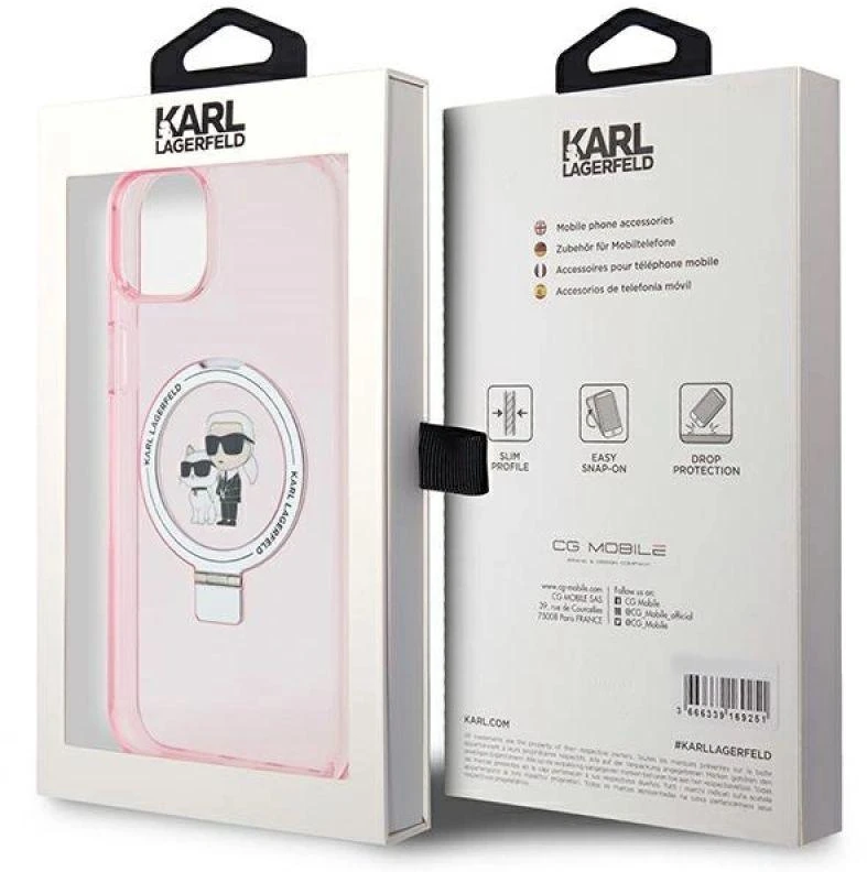 Karl Lagerfeld KLHMP15SHMRSKCP Apple iPhone 15/ 14 / 13 6.1″ rožinės spalvos kietas dėklas Ring Stand Karl&Choupett
