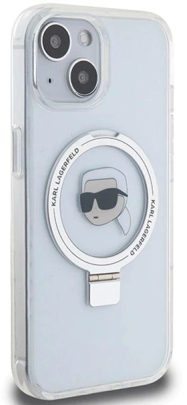 Karl Lagerfeld KLHMP15SHMRSKHH Apple iPhone 15/ 14 / 13 6.1″ baltos spalvos kietas dėklas Ring Stand Karl Head Mag