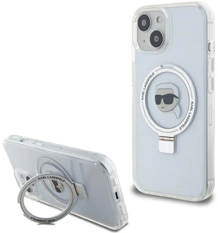 Karl Lagerfeld KLHMP15SHMRSKHH Apple iPhone 15/ 14 / 13 6.1″ baltos spalvos kietas dėklas Ring Stand Karl Head Mag