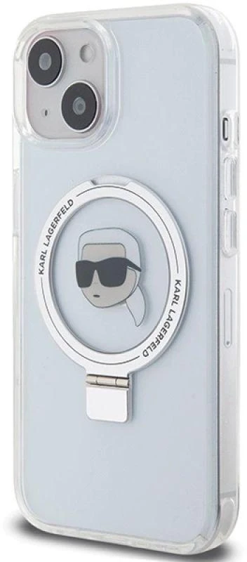 Karl Lagerfeld KLHMP15SHMRSKHH Apple iPhone 15/ 14 / 13 6.1″ baltos spalvos kietas dėklas Ring Stand Karl Head Mag