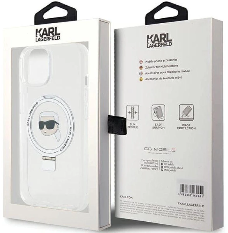 Karl Lagerfeld KLHMP15SHMRSKHH Apple iPhone 15/ 14 / 13 6.1″ baltos spalvos kietas dėklas Ring Stand Karl Head Mag