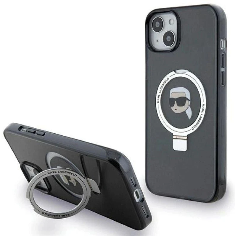 Karl Lagerfeld KLHMP15SHMRSKHK Apple iPhone 15/ 14 / 13 6.1″ juodos spalvos kietas dėklas Ring Stand Karl Head Ma