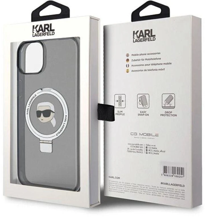 Karl Lagerfeld KLHMP15SHMRSKHK Apple iPhone 15/ 14 / 13 6.1″ juodos spalvos kietas dėklas Ring Stand Karl Head Ma