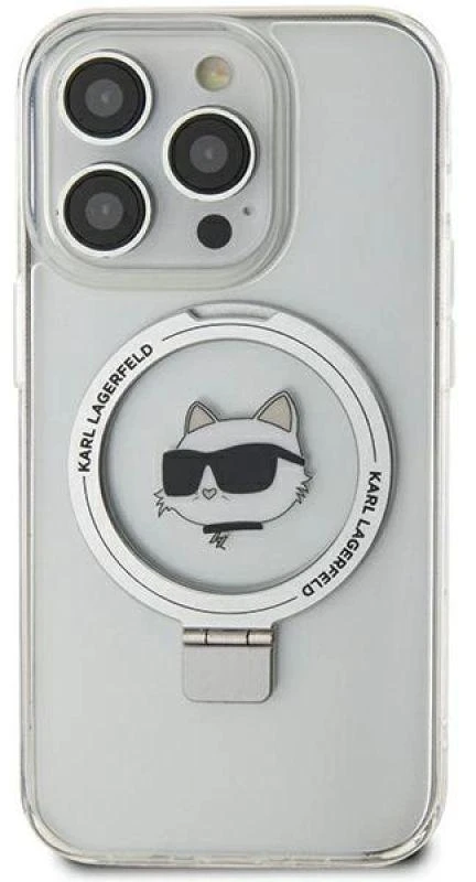 Karl Lagerfeld KLHMP15XHMRSCHH Apple iPhone 15 Pro Max 6.7″ baltos spalvos kietas dėklas Ring Stand Choupette Head