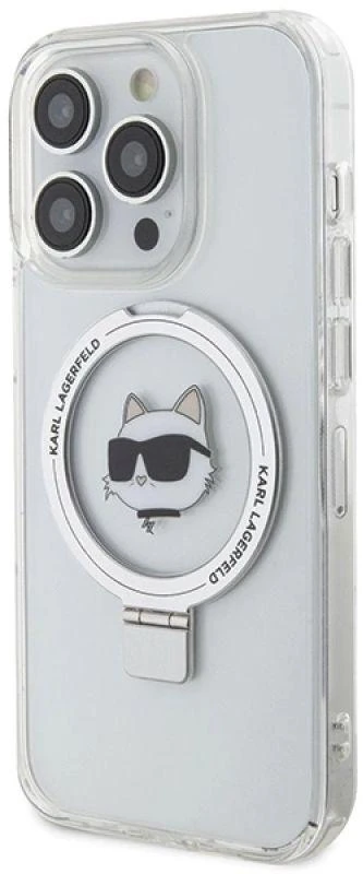 Karl Lagerfeld KLHMP15XHMRSCHH Apple iPhone 15 Pro Max 6.7″ baltos spalvos kietas dėklas Ring Stand Choupette Head