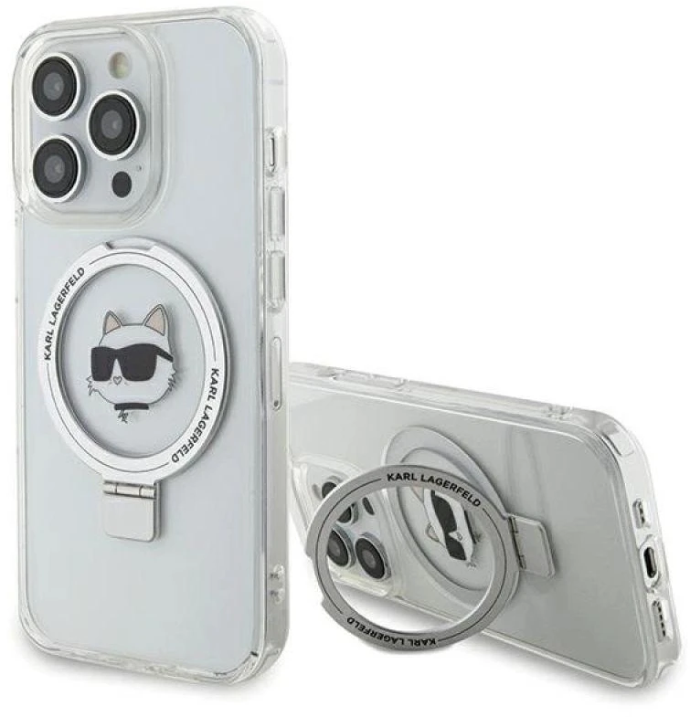 Karl Lagerfeld KLHMP15XHMRSCHH Apple iPhone 15 Pro Max 6.7″ baltos spalvos kietas dėklas Ring Stand Choupette Head
