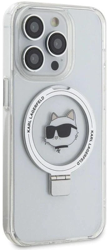 Karl Lagerfeld KLHMP15XHMRSCHH Apple iPhone 15 Pro Max 6.7″ baltos spalvos kietas dėklas Ring Stand Choupette Head