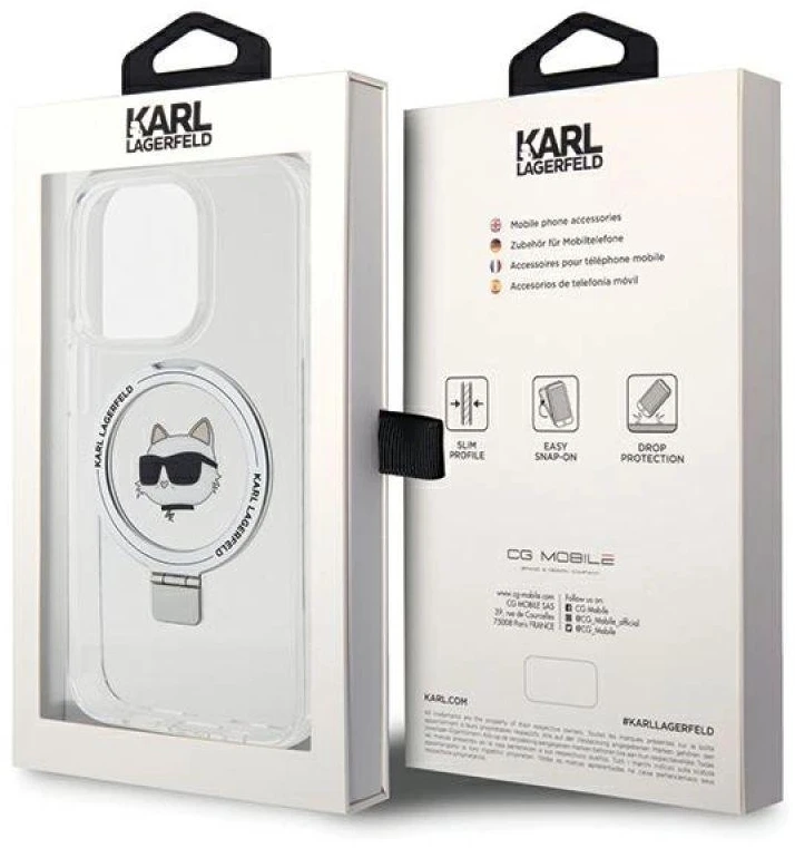 Karl Lagerfeld KLHMP15XHMRSCHH Apple iPhone 15 Pro Max 6.7″ baltos spalvos kietas dėklas Ring Stand Choupette Head