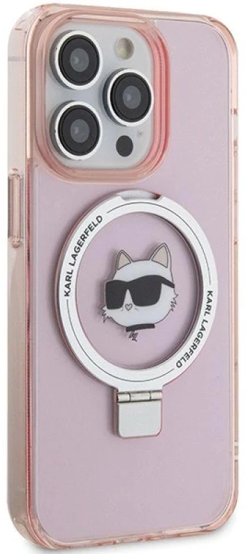 Karl Lagerfeld KLHMP15XHMRSCHP Apple iPhone 15 Pro Max 6.7″ rožinės spalvos kietas dėklas Ring Stand Choupette Head