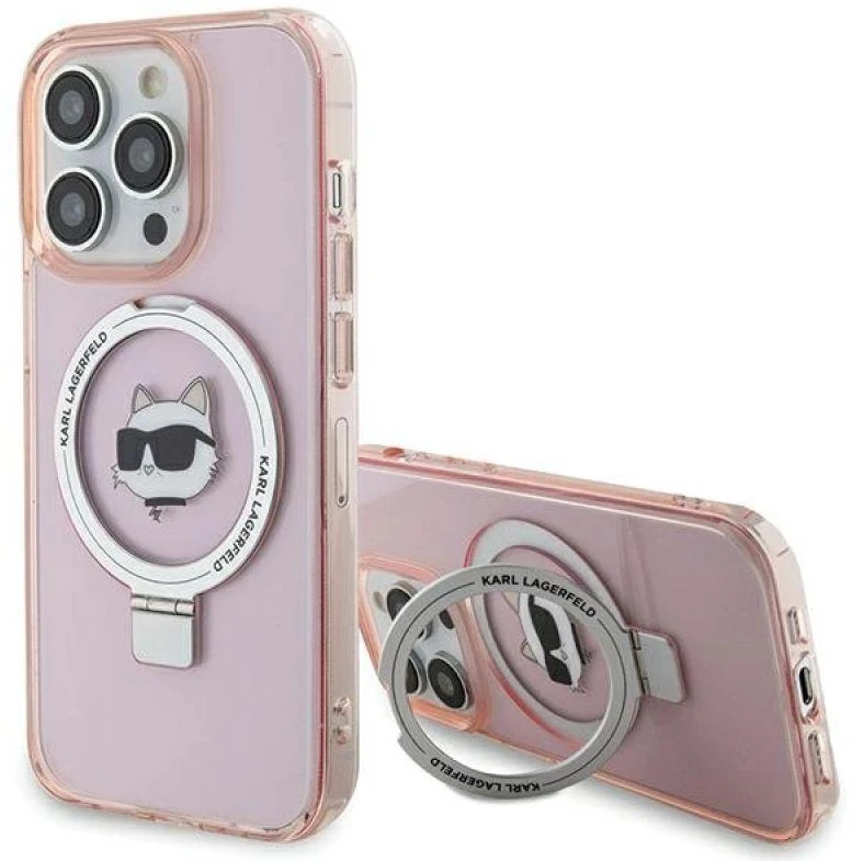 Karl Lagerfeld KLHMP15XHMRSCHP Apple iPhone 15 Pro Max 6.7″ rožinės spalvos kietas dėklas Ring Stand Choupette Head