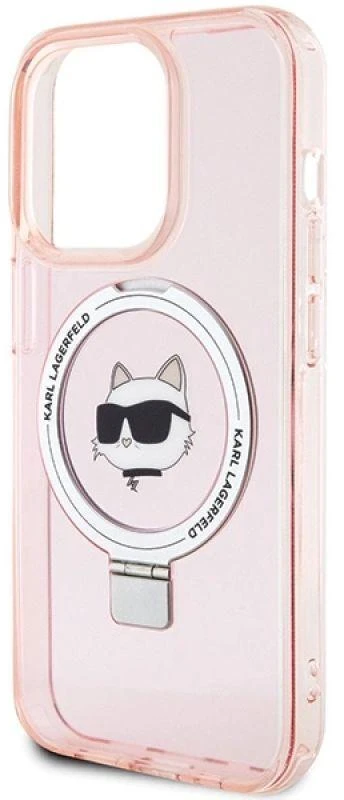 Karl Lagerfeld KLHMP15XHMRSCHP Apple iPhone 15 Pro Max 6.7″ rožinės spalvos kietas dėklas Ring Stand Choupette Head