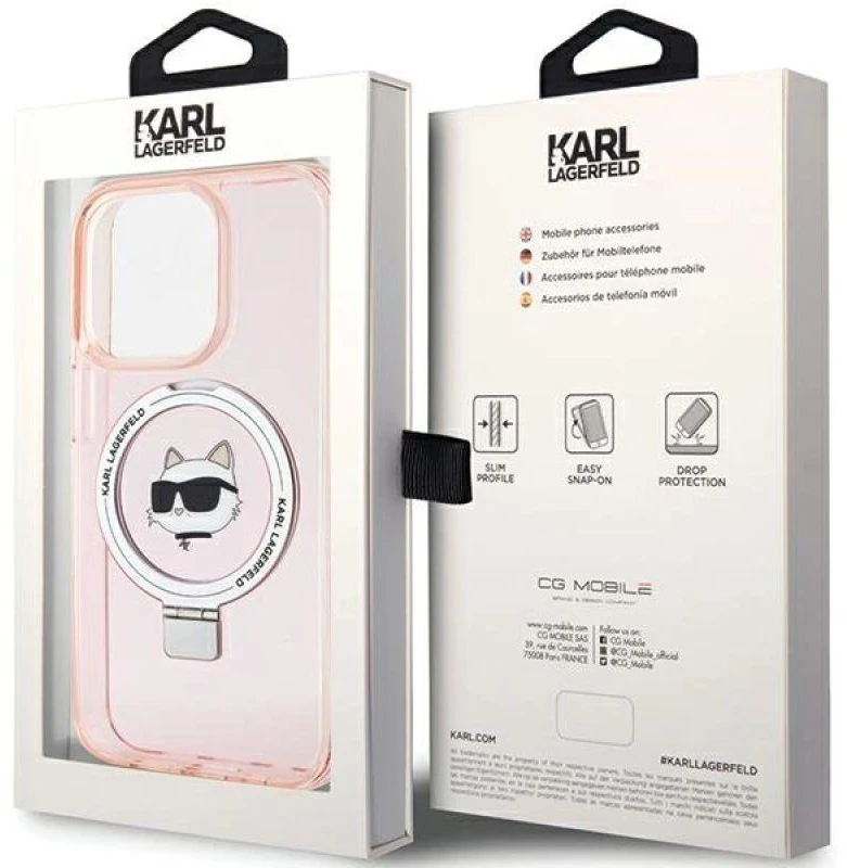 Karl Lagerfeld KLHMP15XHMRSCHP Apple iPhone 15 Pro Max 6.7″ rožinės spalvos kietas dėklas Ring Stand Choupette Head