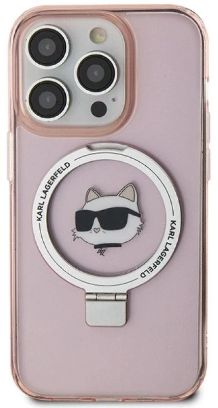 Karl Lagerfeld KLHMP15XHMRSCHP Apple iPhone 15 Pro Max 6.7″ rožinės spalvos kietas dėklas Ring Stand Choupette Head