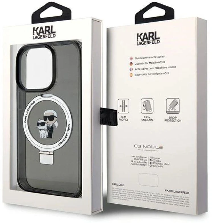 Apple iPhone 15 Pro Max Karl Lagerfeld dėklas Ring Stand Karl&Choupettte MagSafe (KLHMP15XHMRSKCK) juodos spalvos