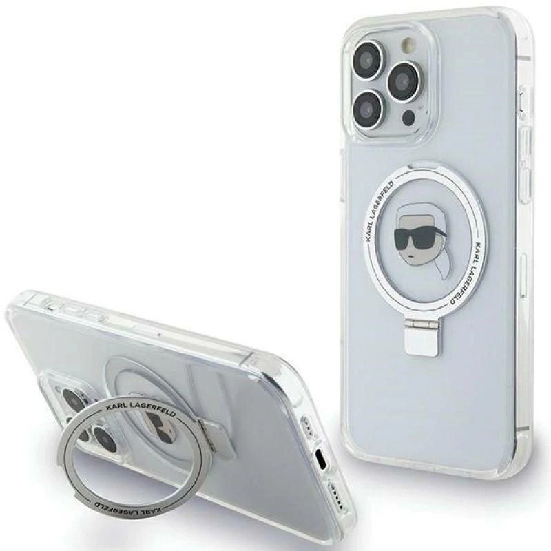 Karl Lagerfeld KLHMP15XHMRSKHH Apple iPhone 15 Pro Max 6.7″ baltos spalvos kietas dėklas Ring Stand Karl Head MagSafe