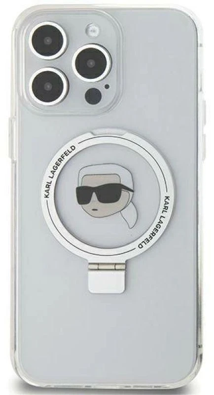 Karl Lagerfeld KLHMP15XHMRSKHH Apple iPhone 15 Pro Max 6.7″ baltos spalvos kietas dėklas Ring Stand Karl Head MagSafe