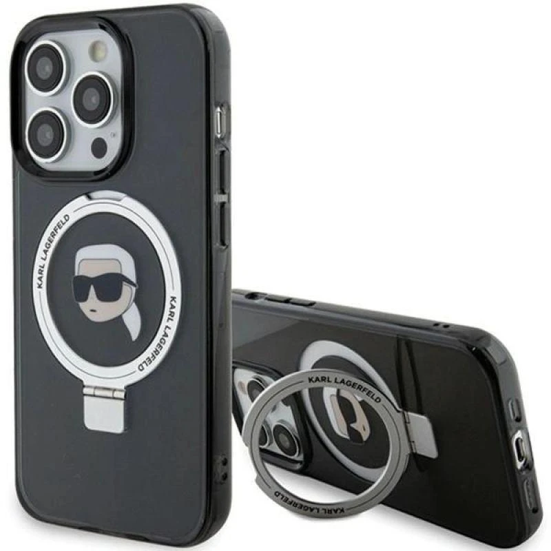 Karl Lagerfeld KLHMP15XHMRSKHK Apple iPhone 15Pro Max 6.7″ juodos spalvos kietas dėklas Ring Stand Karl Head MagS