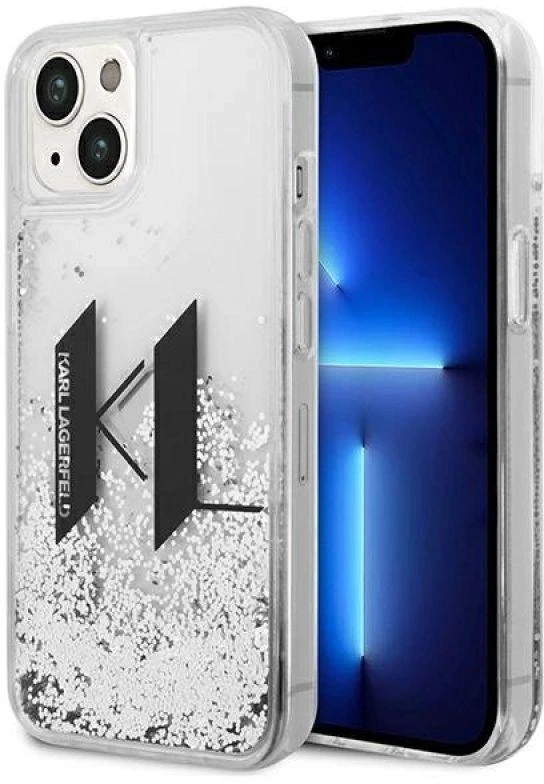 Karl Lagerfeld Liquid Glitter Big KL dėklas iPhone 14 telefonui - sidabrinis