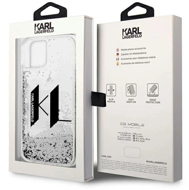 Karl Lagerfeld Liquid Glitter Big KL dėklas iPhone 14 telefonui - sidabrinis