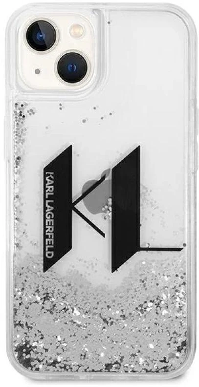 Karl Lagerfeld Liquid Glitter Big KL dėklas iPhone 14 telefonui - sidabrinis