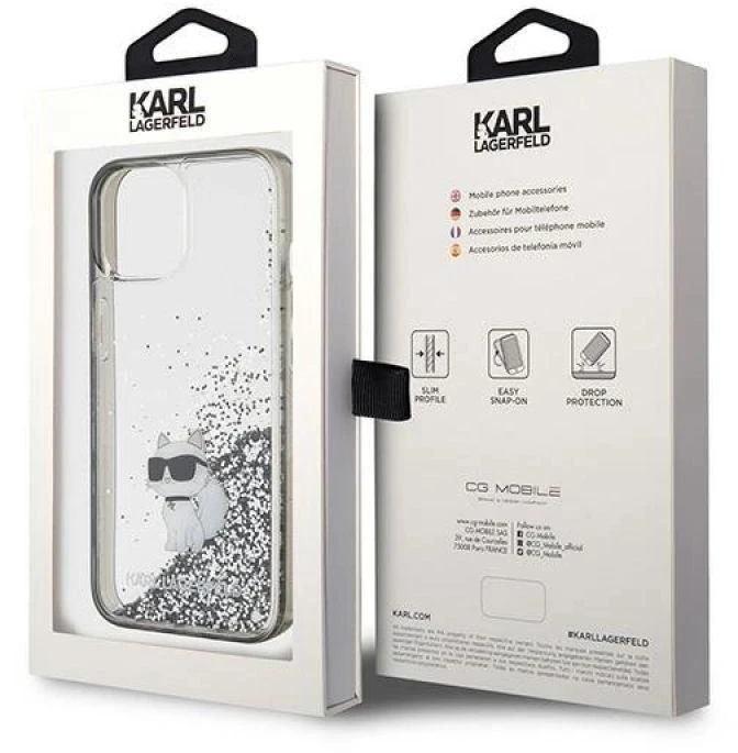 Apple iPhone 15 Karl Lagerfeld Hardcase Liquid Glitter Choupette (KLHCP15SLKCNSK) dėklas telefonui skaidrus