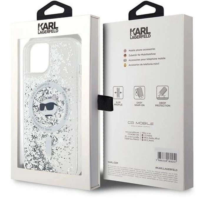 Karl Lagerfeld KLHMP13MLGCHSGH Apple iPhone13 6.1″ kietas dėklas skaidrus Liquid Glitter Choupette Head Mags