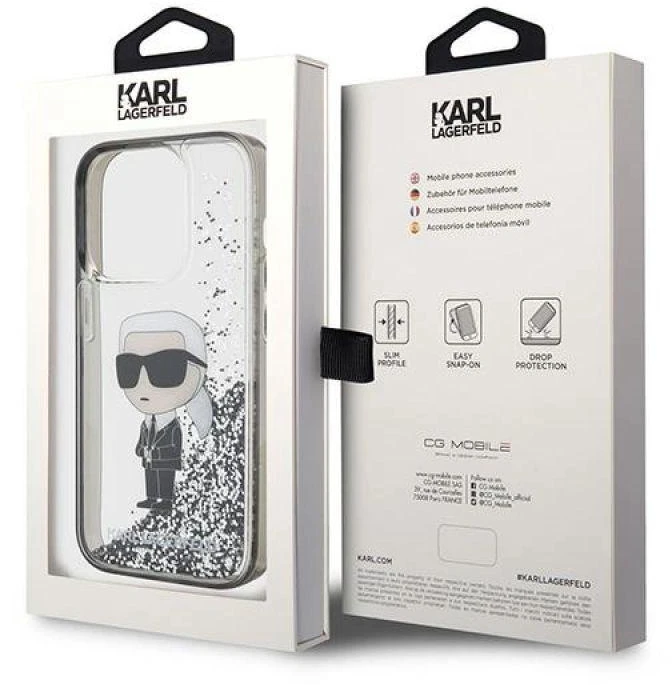 Karl Lagerfeld KLHCP15LLKKNSK Apple iPhone 15 Pro 6.1″ skaidrus kietas dėklas Liquid Glitter Ikonik