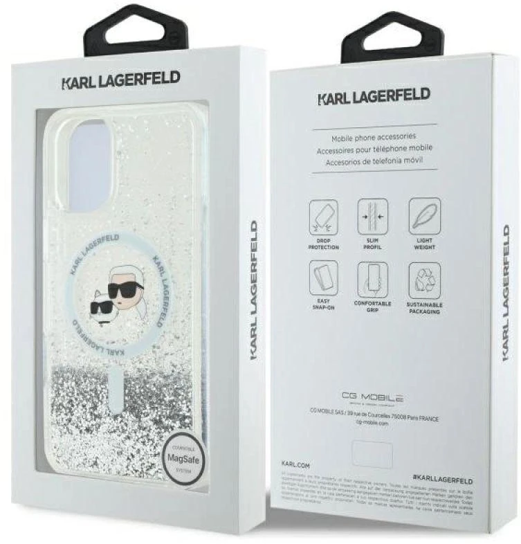 Karl Lagerfeld KLHMP16MLGKCSGH Apple iPhone16 Plus 6.7″ kietas dėklas skaidrus Liquid Glitter Karl&Choupette