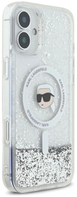 Karl Lagerfeld KLHMP16MLGKISGH Apple iPhone 16 Plus 6.7″ kietas dėklas skaidrus Liquid Glitter Karl Head Mag