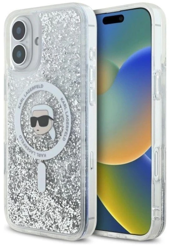Karl Lagerfeld KLHMP16MLGKISGH Apple iPhone 16 Plus 6.7″ kietas dėklas skaidrus Liquid Glitter Karl Head Mag