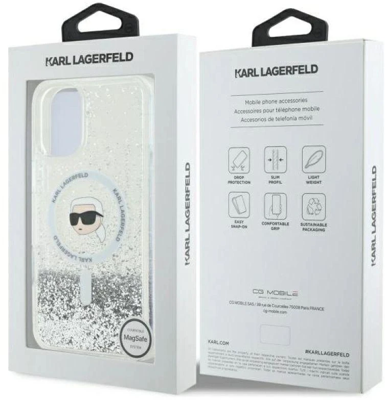 Karl Lagerfeld KLHMP16MLGKISGH Apple iPhone 16 Plus 6.7″ kietas dėklas skaidrus Liquid Glitter Karl Head Mag