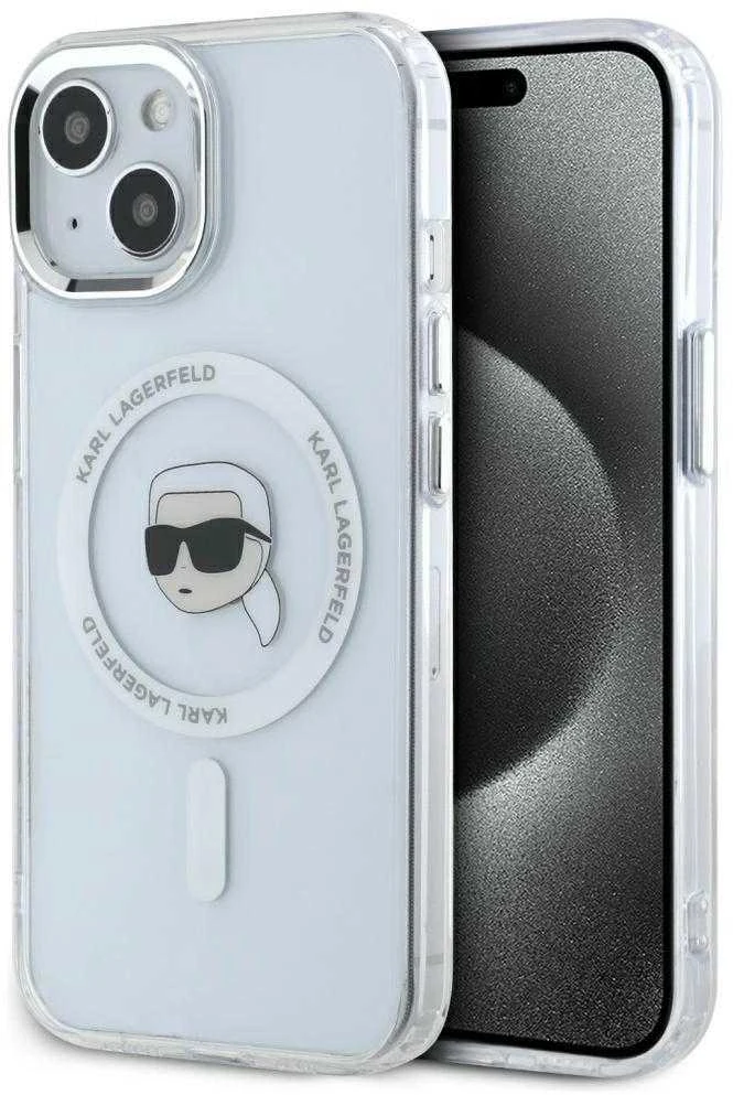 Dėklas Karl Lagerfeld IML Metal Karl Head MagSafe Apple iPhone 15 Plus baltos spalvos