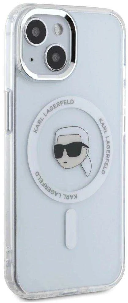 Dėklas Karl Lagerfeld IML Metal Karl Head MagSafe Apple iPhone 15 Plus baltos spalvos