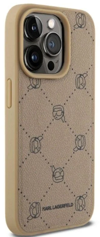 Karl Lagerfeld PU Karl Heads Pattern MagSafe dėklas telefonui Apple iPhone 15 Pro rusvai gelsvas