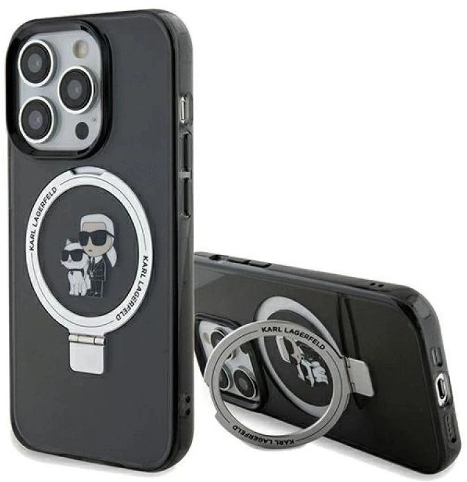 Karl Lagerfeld KLHMP13XHMRSKCK Apple iPhone 13 Pro Max 6.7″ juodos spalvos kietas dėklas Ring Stand Karl&Choupettt