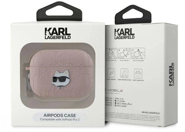 Karl Lagerfeld Monogram Choupette galvos dėklas, skirtas AirPods Pro 2 - rožinis