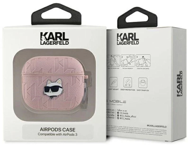 Karl Lagerfeld Monogram Choupette Galvos dėklas, skirtas AirPods 3 - rožinis
