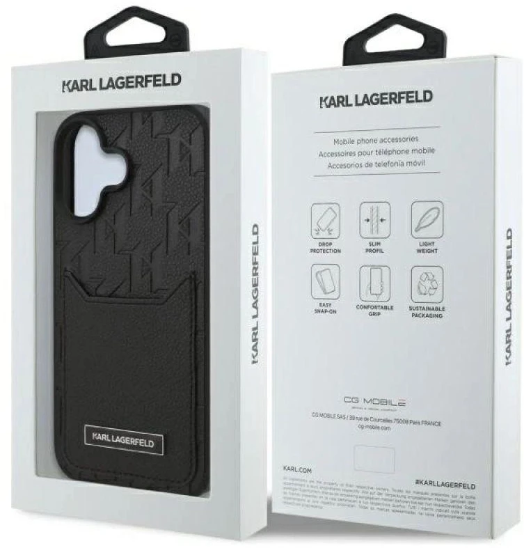 Karl Lagerfeld KLHCP16SPGKHPRPK iPhone 16 6.1″ juodos spalvos kietas dėklas Cardslots Monogram