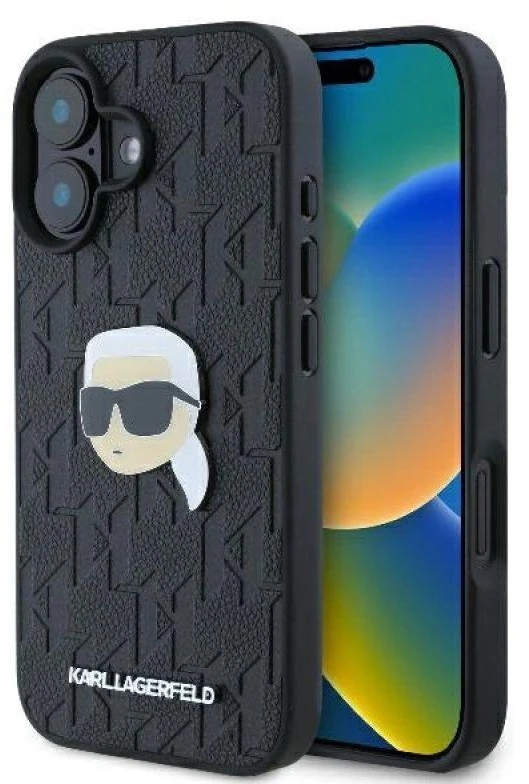 Karl Lagerfeld KLHCP16SPGKLKIPK iPhone 16 6.1″ juodos spalvos kietas dėklas Monogram Karl Head Pin