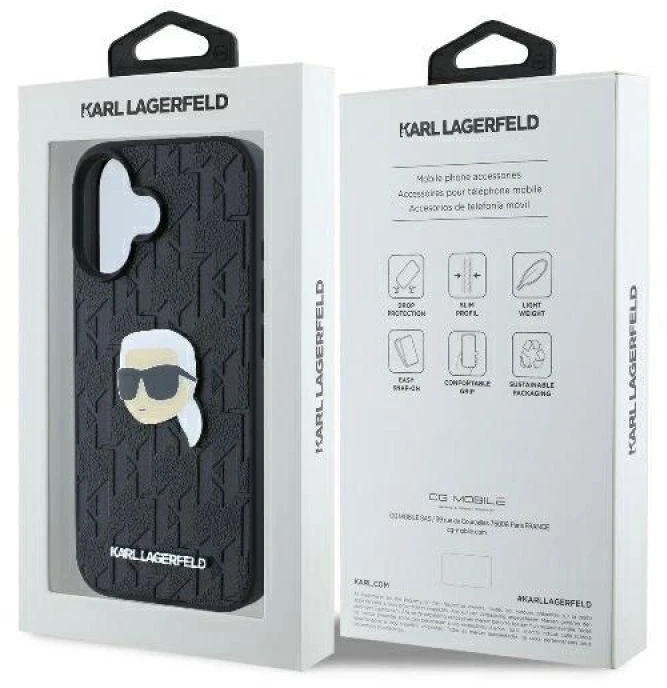 Karl Lagerfeld KLHCP16SPGKLKIPK iPhone 16 6.1″ juodos spalvos kietas dėklas Monogram Karl Head Pin